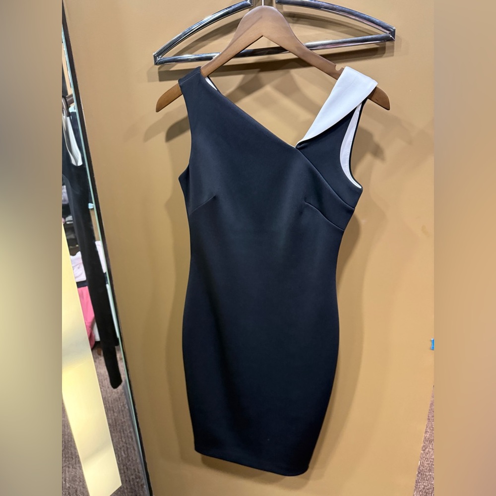 Calvin Klein Black One-Shoulder Sheath Dress with White Accent